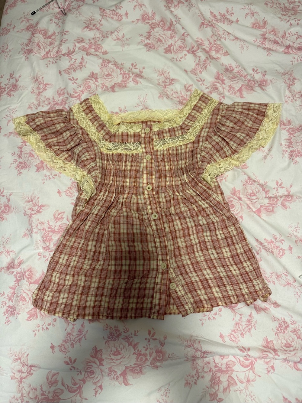 Women’s pink and yellow plaid babydoll crop top